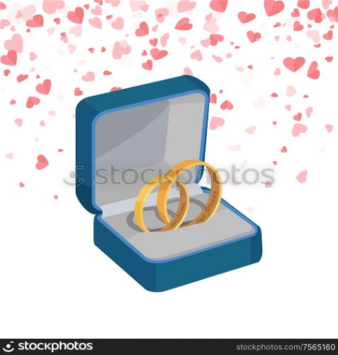 Two engagement rings in box vector jewelry items. Square package with golden marriage symbol, vector illustration isolated icon on background of pink hearts. Two engagement rings in box vector jewelry items