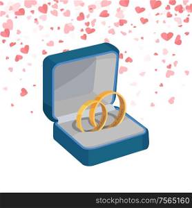Two engagement rings in box vector jewelry items. Square package with golden marriage symbol, vector illustration isolated icon on background of pink hearts. Two engagement rings in box vector jewelry items