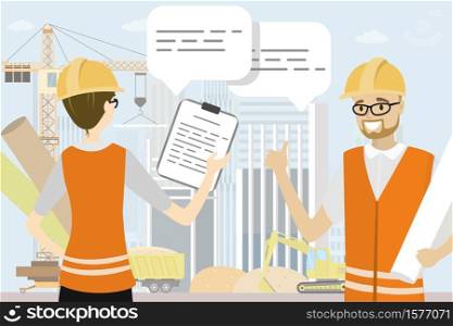 Two engineers are talking,Construction site,crane,construction machinery on background,flat vector illustration. Two engineers are talking,Construction site