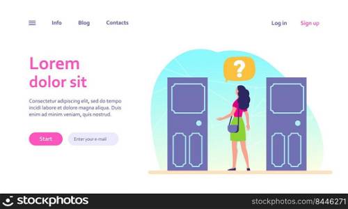 Two entrance choice. Woman with question mark choosing between two doors flat vector illustration. Solution, opportunities, dilemma concept for banner, website design or landing web page