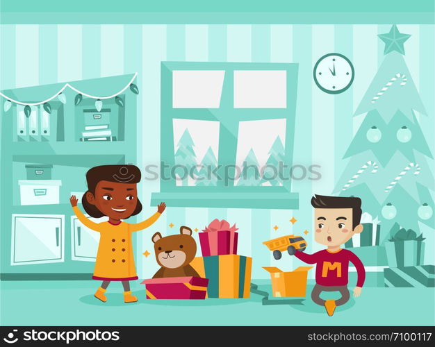 Two excited biracial sister and brother opening Christmas gifts under a Christmas tree on Christmas eve at home. Caucasian white and African kids unwrap christmas presents. Vector cartoon illustration. Biracial kids opening Christmas presents.