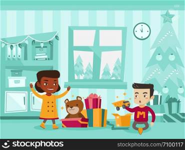 Two excited biracial sister and brother opening Christmas gifts under a Christmas tree on Christmas eve at home. Caucasian white and African kids unwrap christmas presents. Vector cartoon illustration. Biracial kids opening Christmas presents.