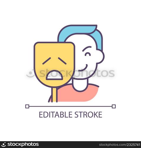 Two-faced manipulator with dramatic statements RGB color icon. Targeting victim emotional weaknesses. Isolated vector illustration. Simple filled line drawing. Editable stroke. Arial font used. Two-faced manipulator with dramatic statements RGB color icon
