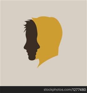 Two faces in one. Vector sign abstract dual personality, duplicity concept