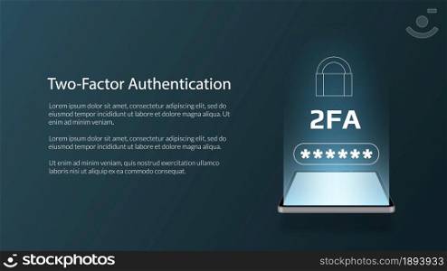 Two factor authentication 2FA with a smartphone on a dark background. Protecting your money. Unlocking via mobile phone. Vector illustration for website or banner.