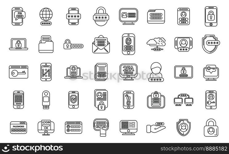 Two factor authentication icons set outline vector. Code certificate. Multi mobile. Two factor authentication icons set outline vector. Code certificate