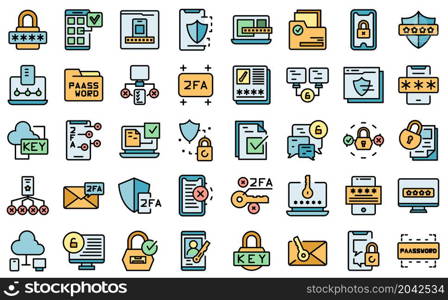 Two factor authentication icons set outline vector. Code certificate. Online validation. Two factor authentication icons set vector flat