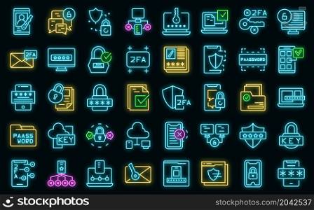 Two factor authentication icons set outline vector. Code certificate. Online validation. Two factor authentication icons set vector neon