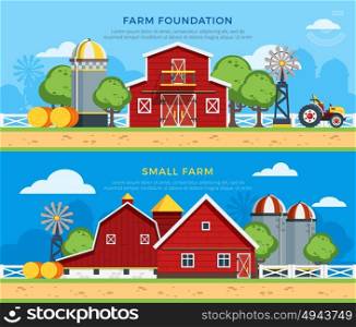 Two Farm Flat Horizontal Banners. Two farm flat horizontal banners with farm foundation and small farm icons collections on countryside background flat vector illustration