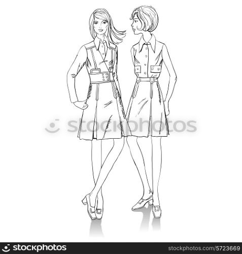 Two fashion beautiful girls standing nearby
