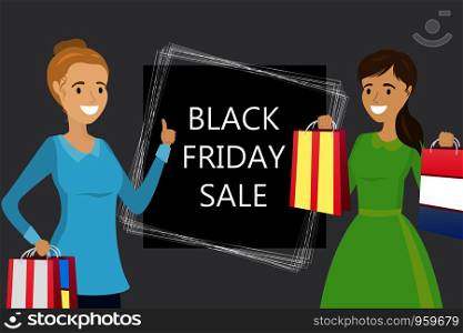 Two Fashion caucasian female with shopping bags,black friday sale,big sale concept,cartoon vector illustration. Fashion caucasian female with shopping bags,black friday sale,