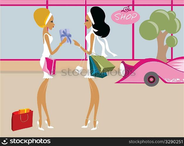 Two fashionable women chatting outside a shop