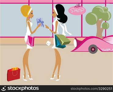 Two fashionable women chatting outside a shop