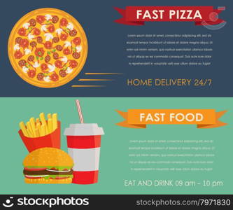 Two Fast food banners in flat style, horizontal templates design. One banner with french fies, burger and soda water. One banner with pizza.