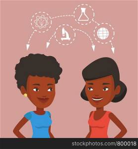 Two female african students sharing with the ideas during brainstorming. Young happy students brainstorming. Concept of brainstorming in education. Vector flat design illustration. Square layout.. Students sharing with the ideas.