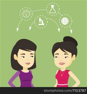 Two female asian students sharing with the ideas during brainstorming. Young happy students brainstorming. Concept of brainstorming in education. Vector flat design illustration. Square layout.. Students sharing with the ideas.