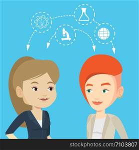 Two female caucasian students sharing with the ideas during brainstorming. Young happy students brainstorming. Concept of brainstorming in education. Vector flat design illustration. Square layout.. Students sharing with the ideas.