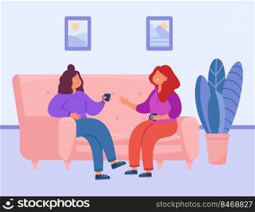 Two female characters drinking tea or coffee at home. Happy women holding conversation and having fun sitting on comfy couch flat vector illustration. Friendship and leisure time concept 