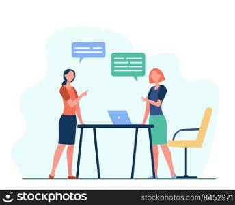 Two female colleagues discussing work. Laptop, team, speech bubble flat vector illustration. Business and communication concept for banner, website design or landing web page