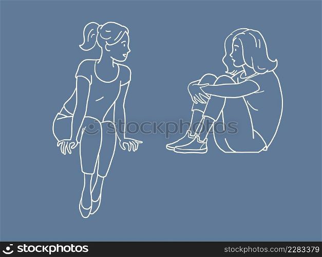 Two female friends are talking, young teenage girls. Lifestyle. Comic cartoon hand drawing vintage illustration. Two female friends are talking, young teenage girls. Lifestyle