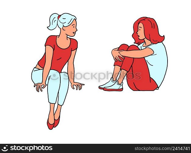 Two female friends are talking, young teenage girls. Lifestyle. Comic cartoon hand drawing vintage illustration. Two female friends are talking, young teenage girls. Lifestyle