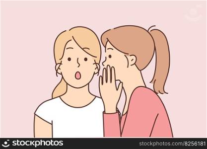 Two female friends gossip telling secrets in ears and discussing actions of work colleagues or mutual acquaintances. Concept of spreading false information between people and use of gossip to slander. Two female friends gossip telling secrets in ears and discussing actions of work colleagues