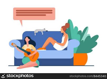 Two female friends meeting at home. Woman playing guitar and singing, giving support to depressed friend flat vector illustration. Friendship concept for banner, website design or landing web page