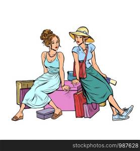 Two female friends sitting on the shopping. Pop art retro vector illustration drawing. Two female friends sitting on the shopping