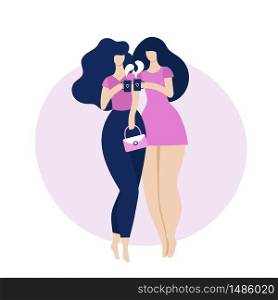 Two female friends walk and drink coffee. Vector on white background