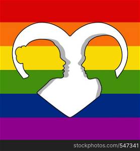 Two female head silhouettes look at each other in the contour of the heart. Background in colors of LGBT