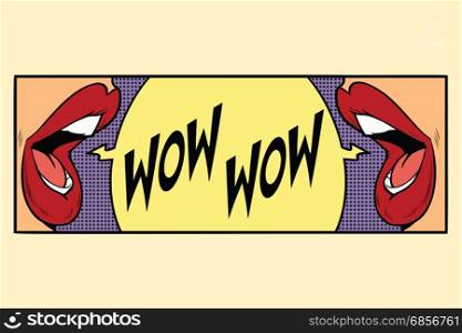 two female mouth shout wow. Cartoon comic illustration pop art retro style vector. two female mouth shout wow