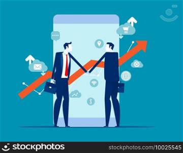 Two financial broker made deal. Stock market exchange concept. Smartphone with growth charts.