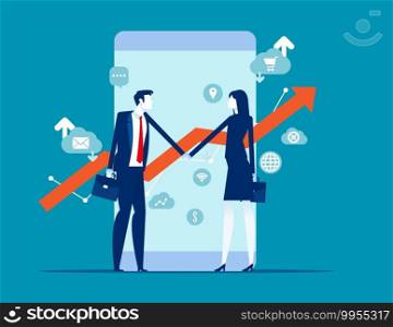 Two financial broker made deal. Stock market exchange concept. Smartphone with growth charts.