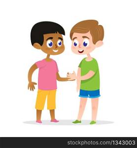 Two Firends Meet and Handshake. Happy Male Children Character Smiling and Talking. Young Multicultural Race Boys Kids Standing Outdoor. Teens Funny Childhood. Isolated Vector Illustration.. Two Happy Firends Handshake Vector Illustration.