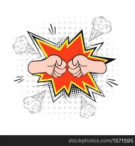 Two fists in battle. Furious blow with red flash and puffs of smoke expression of collision and cartoon conflict explosive vintage vector bubble.. Two fists in battle. Furious blow with red flash and puffs of smoke.