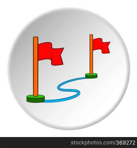 Two flags icon in cartoon style on white circle background. Pointer symbol vector illustration. Two flags icon, cartoon style