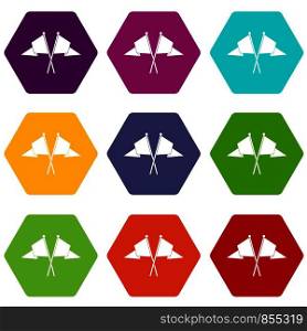 Two flags icon set many color hexahedron isolated on white vector illustration. Two flags icon set color hexahedron
