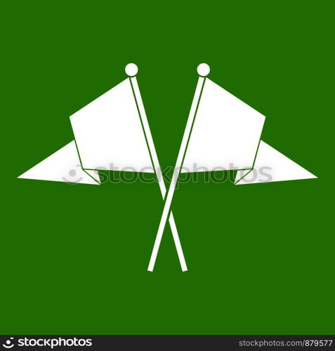 Two flags icon white isolated on green background. Vector illustration. Two flags icon green