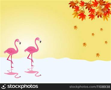 Two flamingos are walking in the water. With colorful leaves and yellow in the background