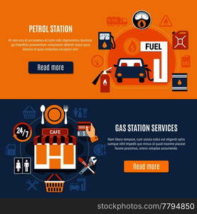 Two flat horizontal fuel pump banner set with petrol station and gas station services descriptions vector illustration. Two Fuel Pump Banner Set