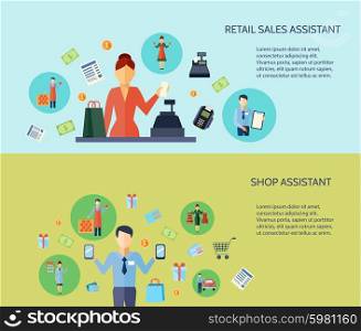 Two Flat Salesman Baner. Set of two flat horizontal banners with text presenting retail sales assistant and shop assistant vector illustration