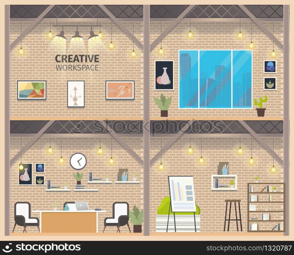 Two Floor Coworking Business Workspace Banner. Modern Empty Freelance Working Center Indoor Interior with Office Furniture. Wide Window, Device for Presentation. Flat Cartoon Vector Illustration. Two Floor Coworking Business Workspace Banner