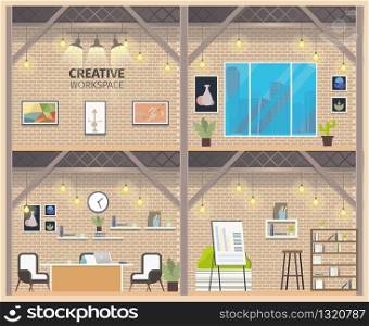 Two Floor Coworking Business Workspace Banner. Modern Empty Freelance Working Center Indoor Interior with Office Furniture. Wide Window, Device for Presentation. Flat Cartoon Vector Illustration. Two Floor Coworking Business Workspace Banner