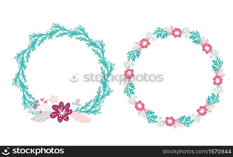 two floral wreath bouquet flowers Botanical elements isolated on white background in Scandinavian style. Hand drawn vector illustration.. two floral wreath bouquet flowers Botanical elements isolated on white background in Scandinavian style. Hand drawn vector illustration