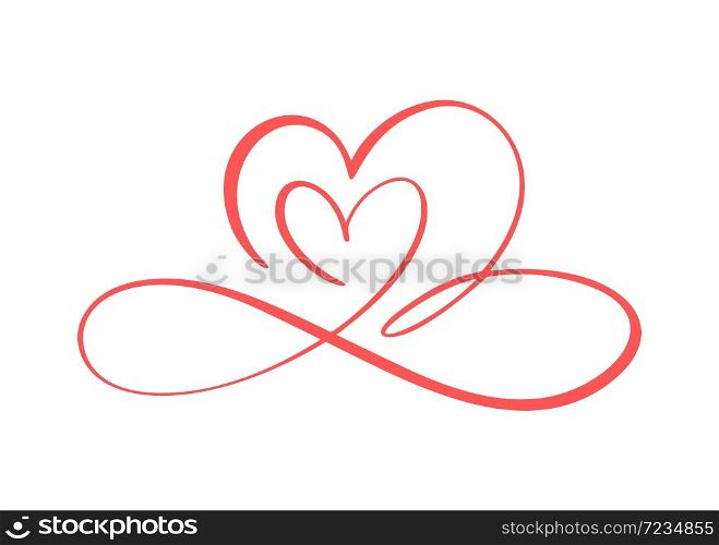 Two flourish red lovers heart logo. Valentine card handmade vector calligraphy infinity. Decor for greeting card, photo overlays, t-shirt print, flyer, poster design.. Two flourish red lovers heart logo. Valentine card handmade vector calligraphy infinity. Decor for greeting card, photo overlays, t-shirt print, flyer, poster design
