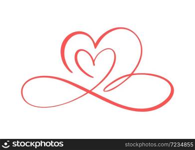 Two flourish red lovers heart logo. Valentine card handmade vector calligraphy infinity. Decor for greeting card, photo overlays, t-shirt print, flyer, poster design.. Two flourish red lovers heart logo. Valentine card handmade vector calligraphy infinity. Decor for greeting card, photo overlays, t-shirt print, flyer, poster design