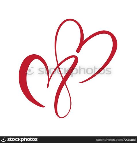 Two flourish red lovers heart. Valentine card handmade vector calligraphy. Decor for greeting card, photo overlays, t-shirt print, flyer, poster design.. Two flourish red lovers heart. Valentine card handmade vector calligraphy. Decor for greeting card, photo overlays, t-shirt print, flyer, poster design