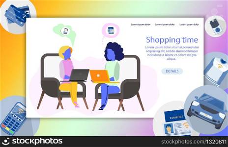 Two Freelance Woman with Laptop Sitting on Chair. Girl on Armchair Chatting, Making Conversation, Working by Computer. Easy Online Shopping Option. Cartoon Flat Vector Illustration. Two Freelance Woman with Laptop Sitting on Chair
