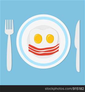 Two fried eggs and bacon on plate with fork and knife like breakfast concept, stock vector illustration