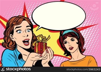 Two friends girls joy gift pop art retro style. Girlfriend. Retro woman vector. Holiday illustration. Two friends girls joy gift